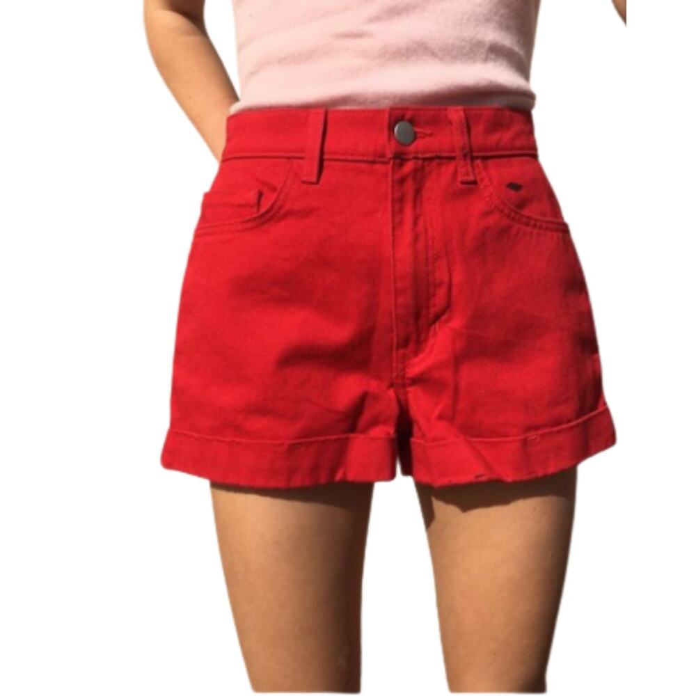 American Apparel Red Denim Shorts High Waisted Cuffed Jean Shorts Size 24 25
